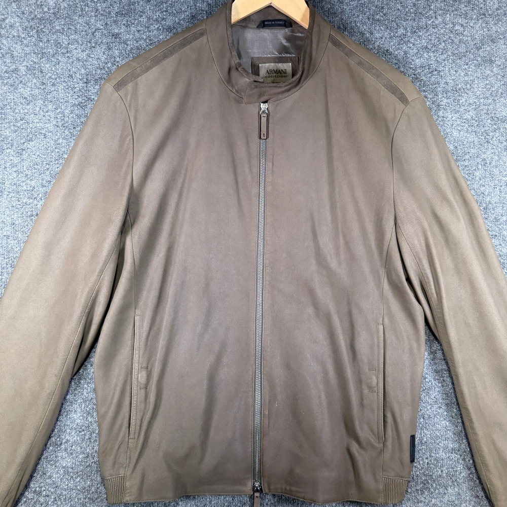Armani Collezioni Lambskin Bomber Moto Jacket Mens 54 Brown Leather Suede Trim